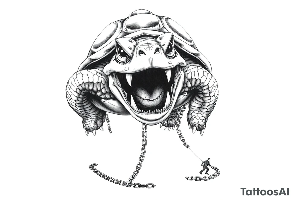 I giant angry turtle with big teeth  chains around its legs with tiny men holding on to the chains scared tattoo idea