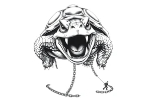 I giant angry turtle with big teeth  chains around its legs with tiny men holding on to the chains scared tattoo idea