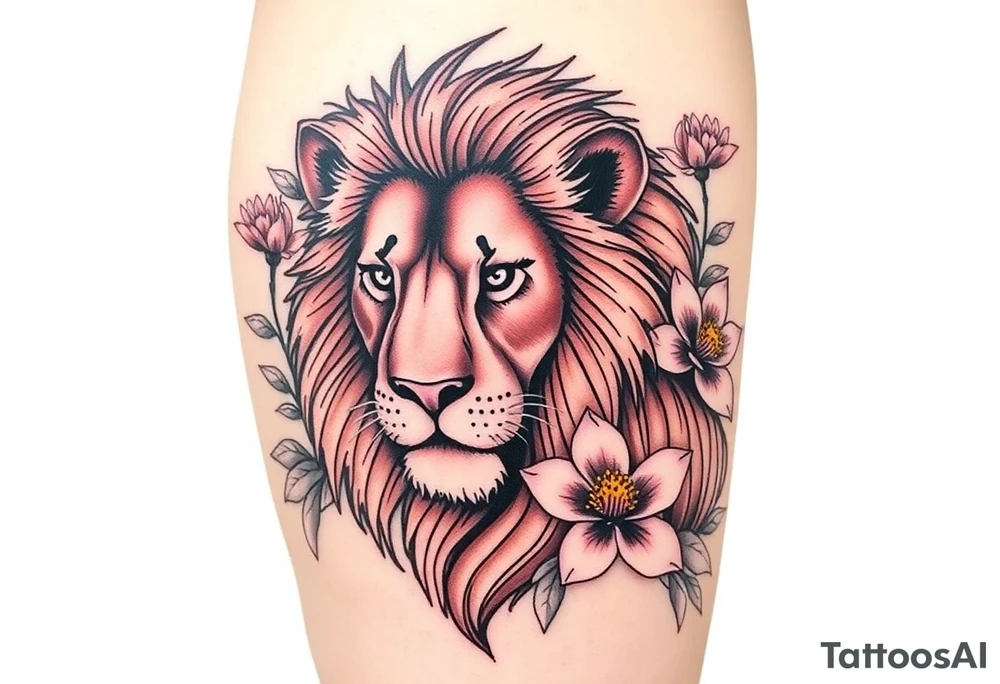 Lion with larkspur and water lilies tattoo idea
