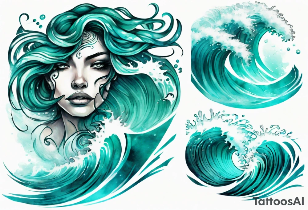 a beautiful teal face emerging from an ocean wave, crashing onto the shore tattoo idea