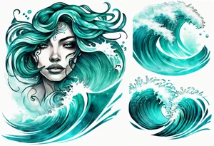 a beautiful teal face emerging from an ocean wave, crashing onto the shore tattoo idea