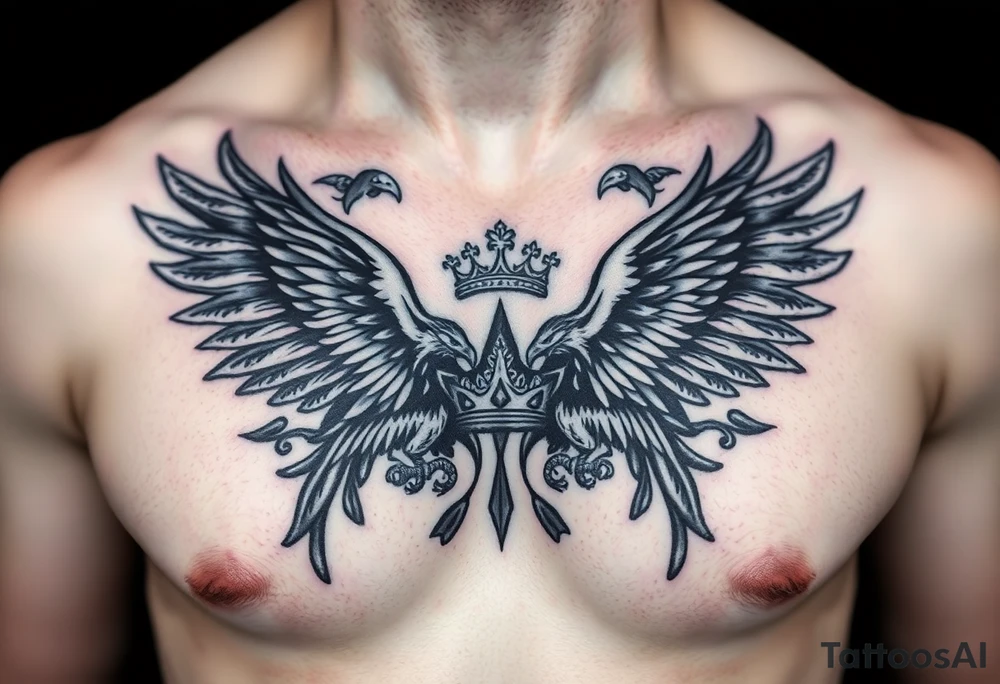 Chest tattoo,powerful two polish symetricals majestic darks eagles, surrounded by lure ornaments , between eagles a crown tattoo idea