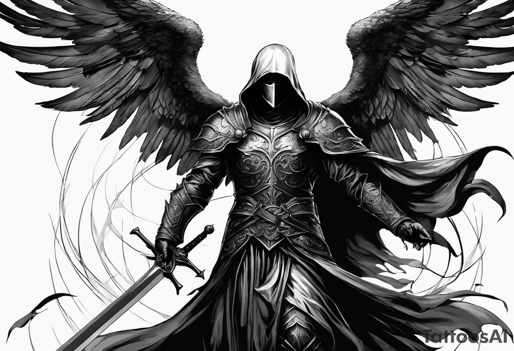 realistic angel of death, man, full body, no face visible, holding one sword, sword vertically pointing downwards, both hands are holding the sword tattoo idea