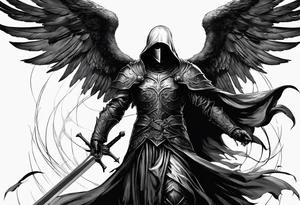 realistic angel of death, man, full body, no face visible, holding one sword, sword vertically pointing downwards, both hands are holding the sword tattoo idea