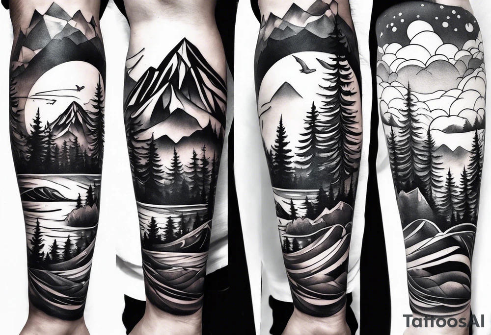 Mountain ocean forest leg sleeve tattoo idea