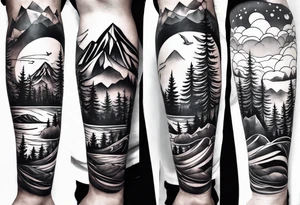 Mountain ocean forest leg sleeve tattoo idea