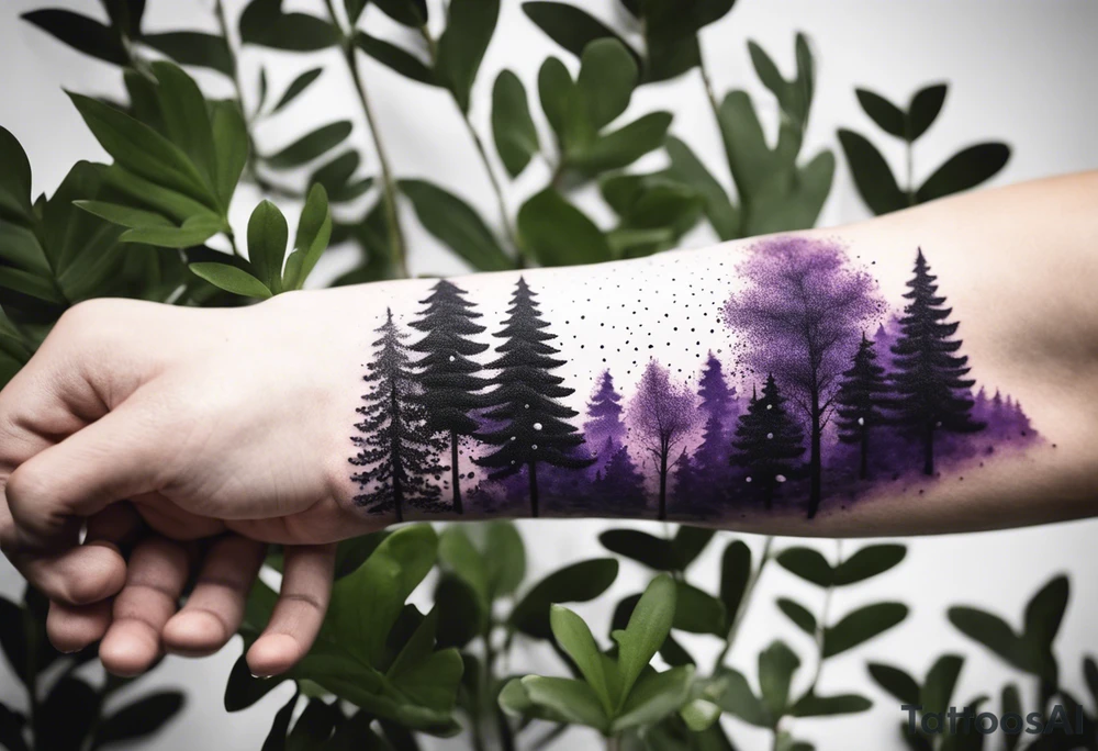 forest, abstract, on hand, no people, purple and black, full, whole wrist wrapped, filled, blackwork tattoo idea