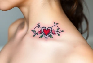 A infinity symbol with vine and delicate roses and a heart at its center, in soft red and green hues tattoo idea