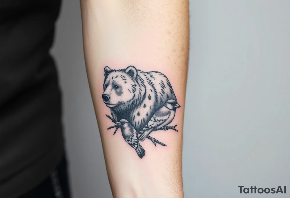 Realistic Woodland with a bear, woodpecker and cardinal tattoo idea