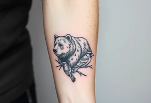 Realistic Woodland with a bear, woodpecker and cardinal tattoo idea