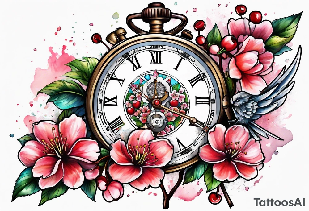 Stopwatch, sword and cherry bloom tattoo idea