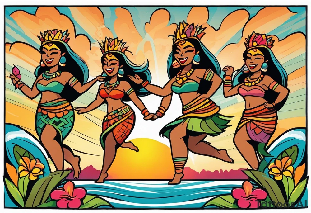 dancing tiki gods with sexy hula women having a dance part on the beach with a sunset in the center of the image tattoo idea