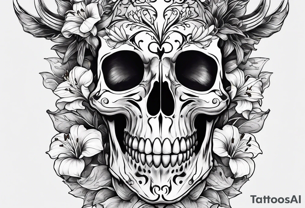 A Bulls skeleton head with lily if the valley flowers growing out of eyes tattoo idea