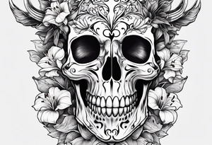 A Bulls skeleton head with lily if the valley flowers growing out of eyes tattoo idea