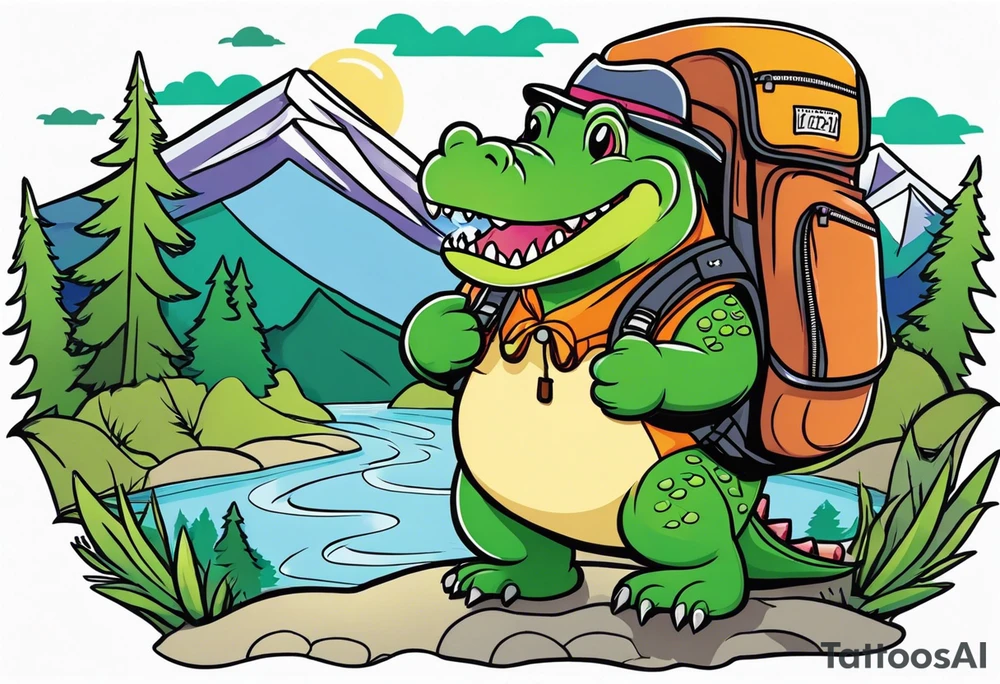 Chubby cute alligator with a map and backpack lost in the mountains tattoo idea