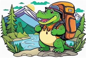 Chubby cute alligator with a map and backpack lost in the mountains tattoo idea