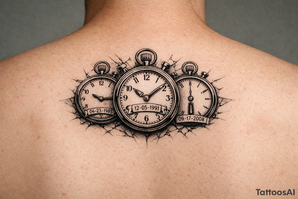 3 stop watches with time and date tattoo idea