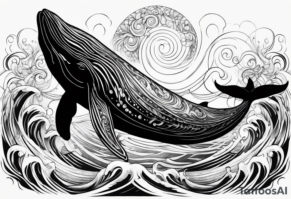 Whale ascending towards light, surrounded by swirling water tattoo idea