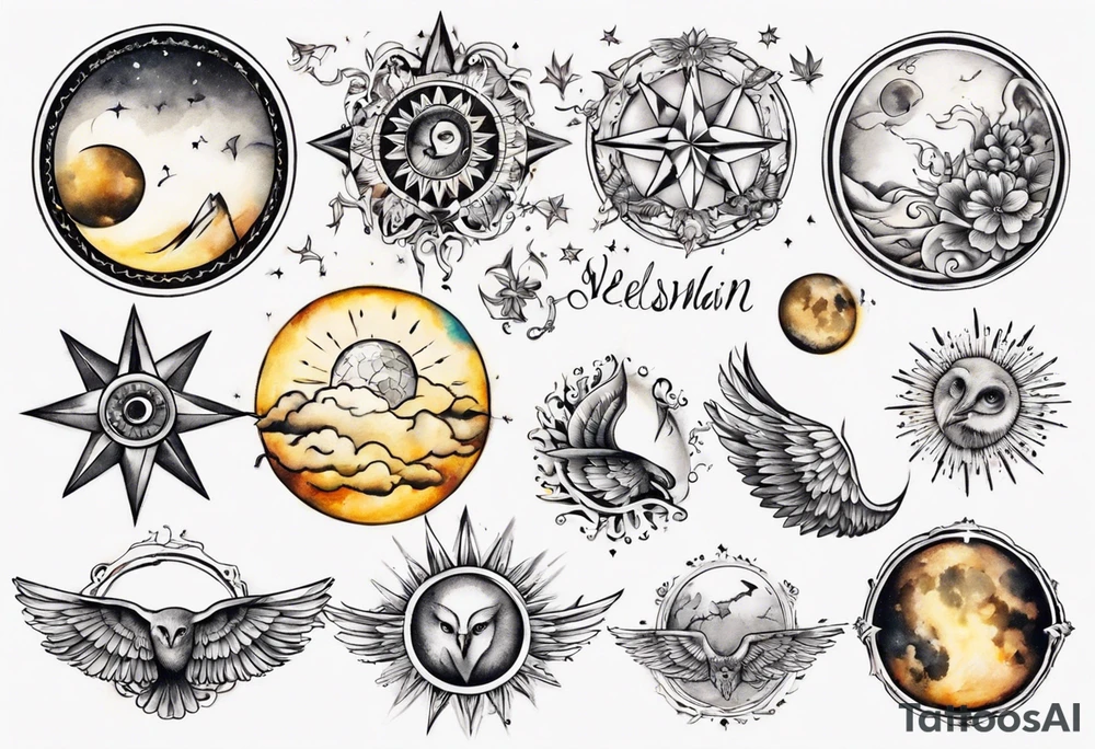 Mond und Sonne mit Eule und Wassermann und Berlin tattoo idea