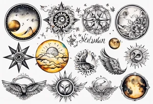 Mond und Sonne mit Eule und Wassermann und Berlin tattoo idea