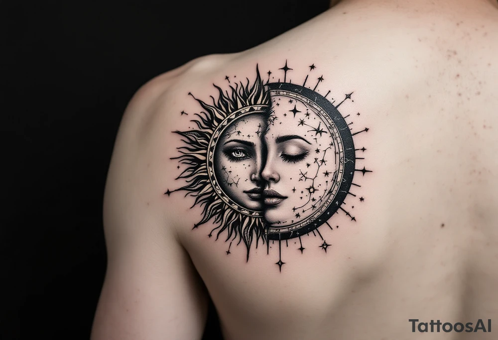 celestial sun and moon embrace with constellation patterns tattoo idea