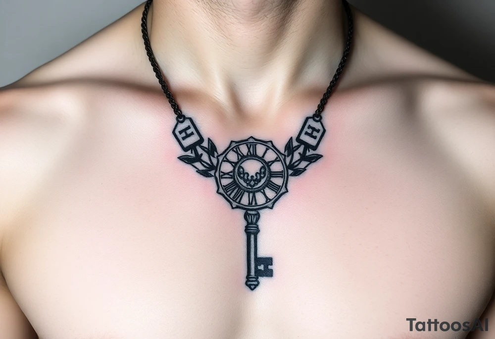 Roman numeral necklace over the top of a key tattoo idea