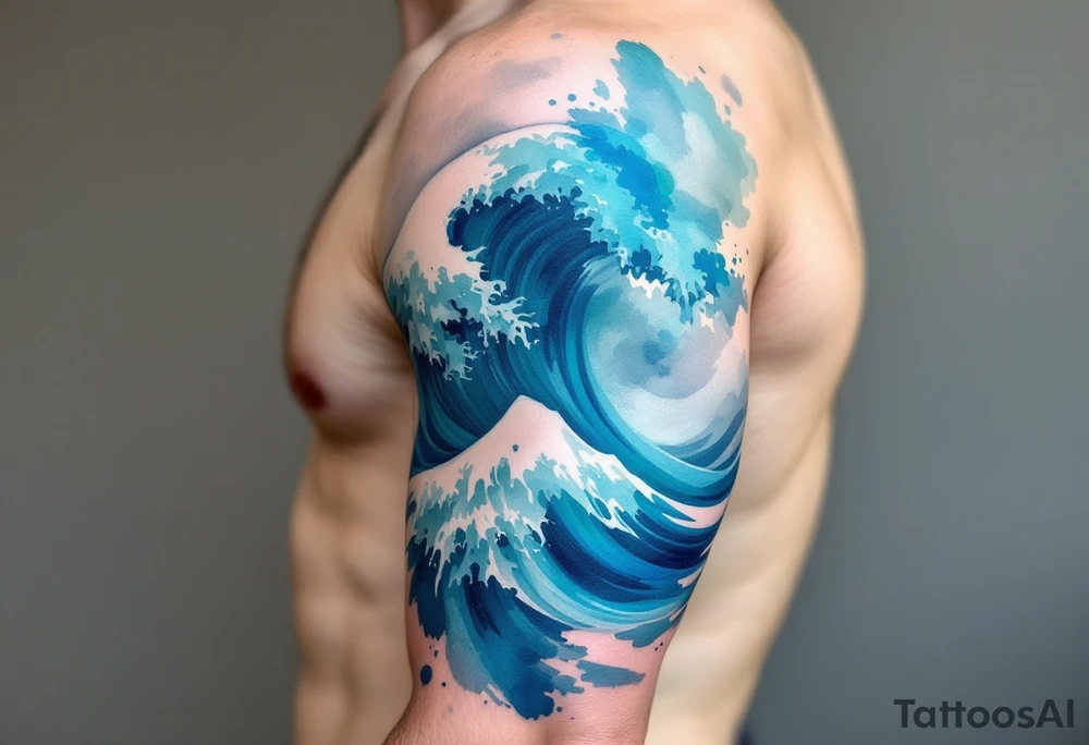 A wave in layered brushstrokes of teal, indigo, and gray mimics a watercolor painting. tattoo idea