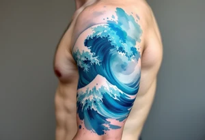 A wave in layered brushstrokes of teal, indigo, and gray mimics a watercolor painting. tattoo idea