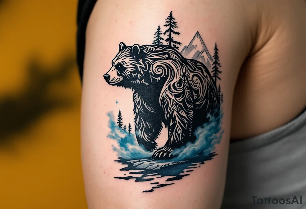 A powerful, majestic bear tattoo with a deep black and brown color palette. The bear is depicted in a standing position, symbolizing strength and protection, with intricate tribal patterns subtly etched along its body, representing its spiritual connection to the earth. TAround the bear, mountain peaks and pine trees form a natural, serene backdrop, while delicate blue mist rises from the ground, tattoo idea