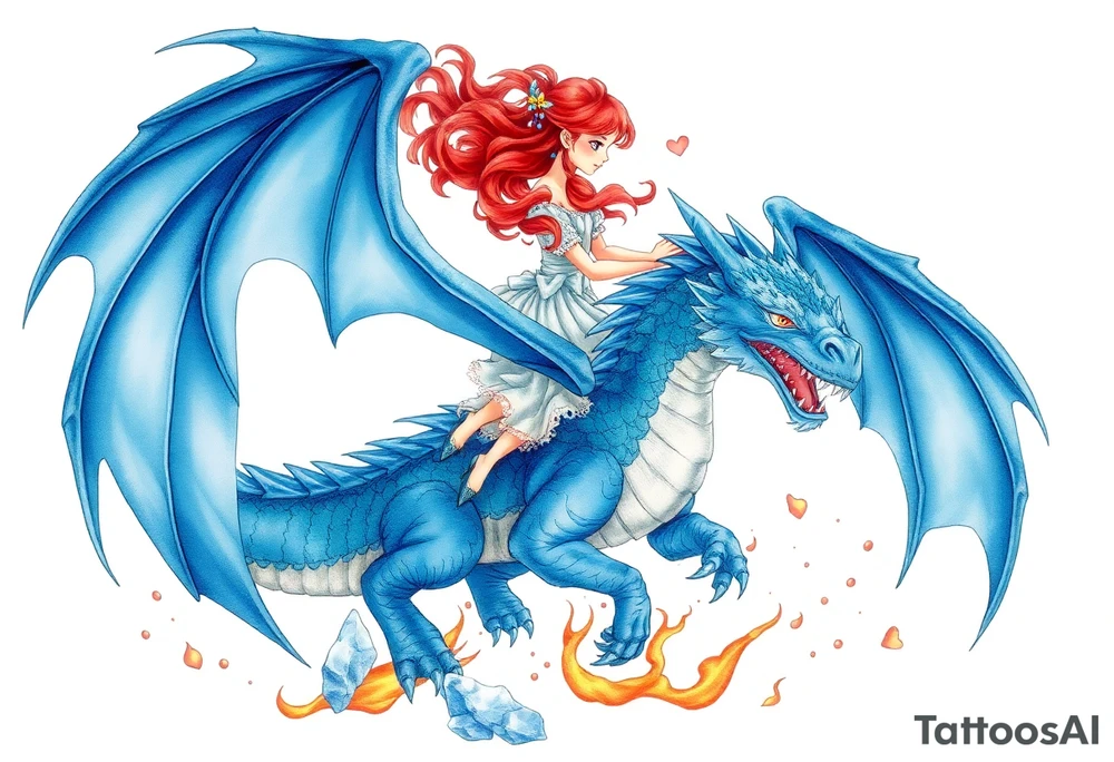 Redheaded girl riding a blue dragon with wings spread and flying over ice and fire tattoo idea