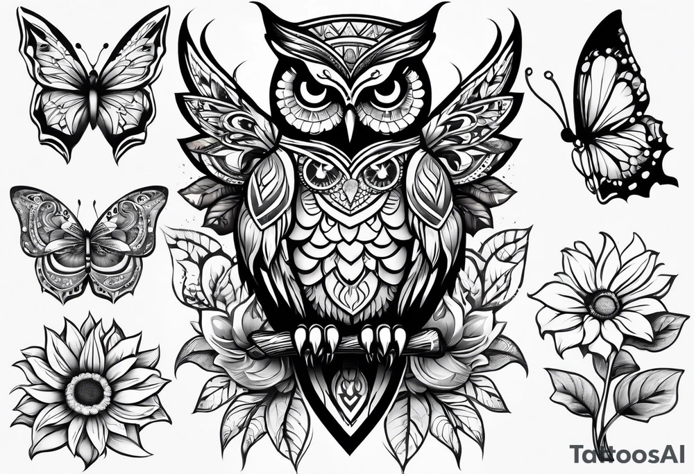 Owl, butterfly and sunflower are sleeve tattoo idea