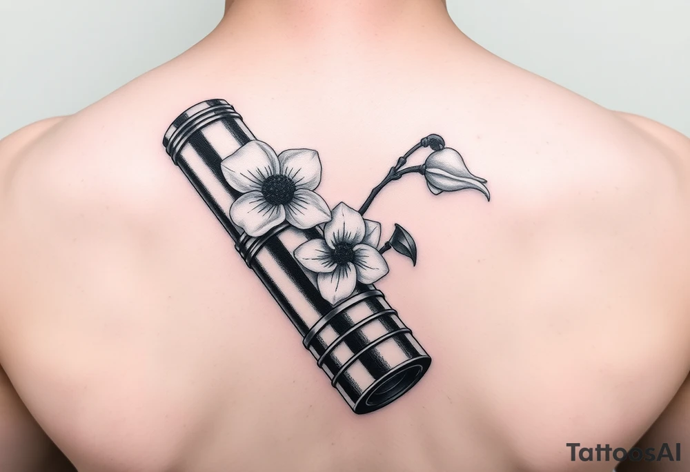 Star Wars Lightsaber handle with a daisy, morning glory, and lily of the valley in it tattoo idea