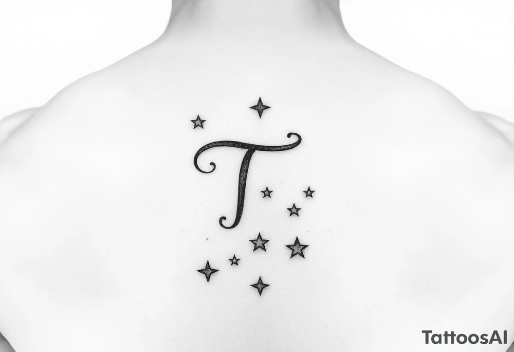 “T” in writing on hand with stars tattoo idea