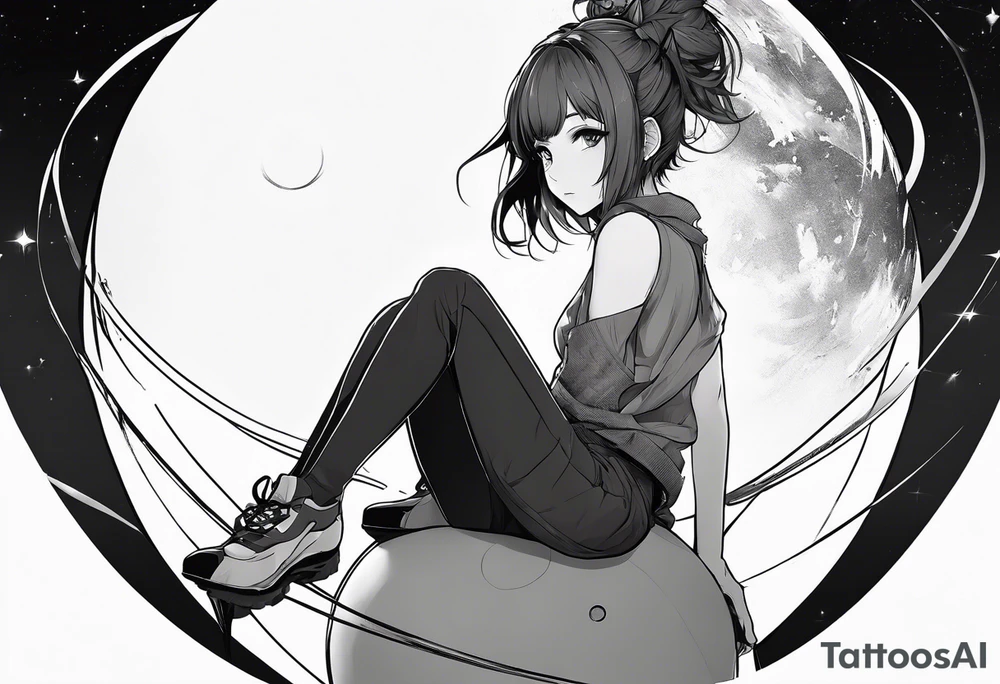 an anime girl sitting on a small sphere, staring front tattoo idea an anime girl sitting on a small sphere, staring front tattoo idea