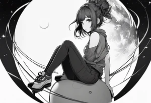 an anime girl sitting on a small sphere, staring front tattoo idea