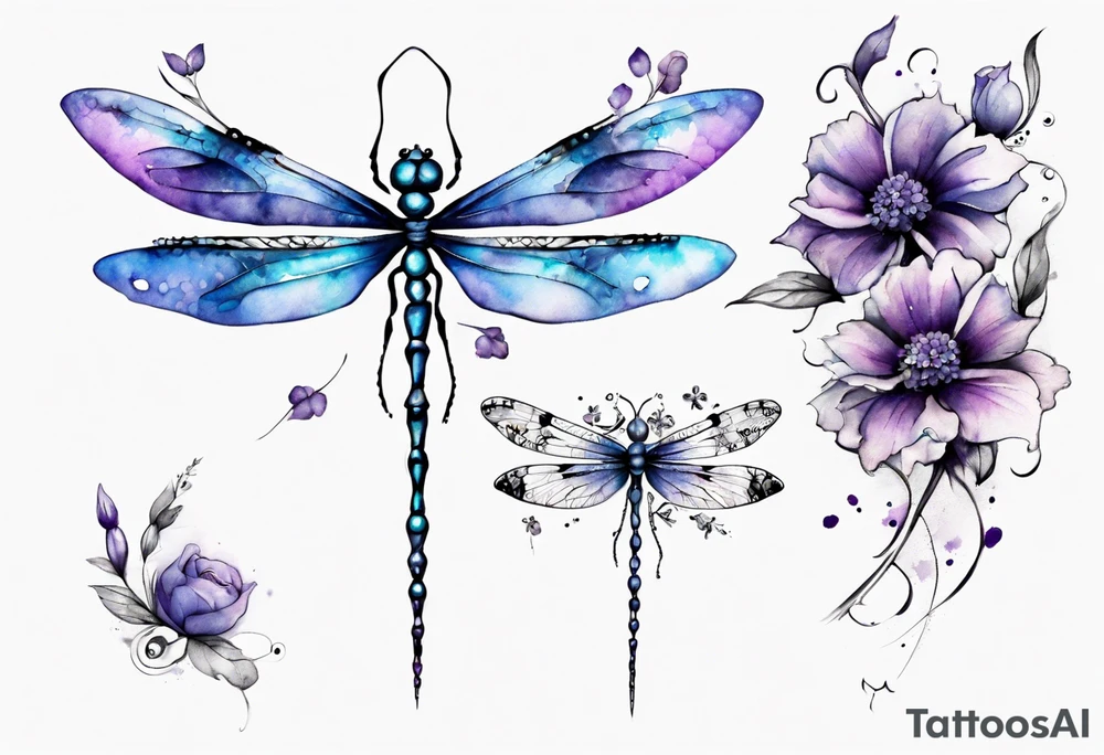 half sleeve with small flowers and a blue and purple watercolor dragonfly with a semicolon for the body tattoo idea