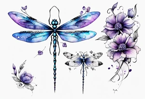 half sleeve with small flowers and a blue and purple watercolor dragonfly with a semicolon for the body tattoo idea
