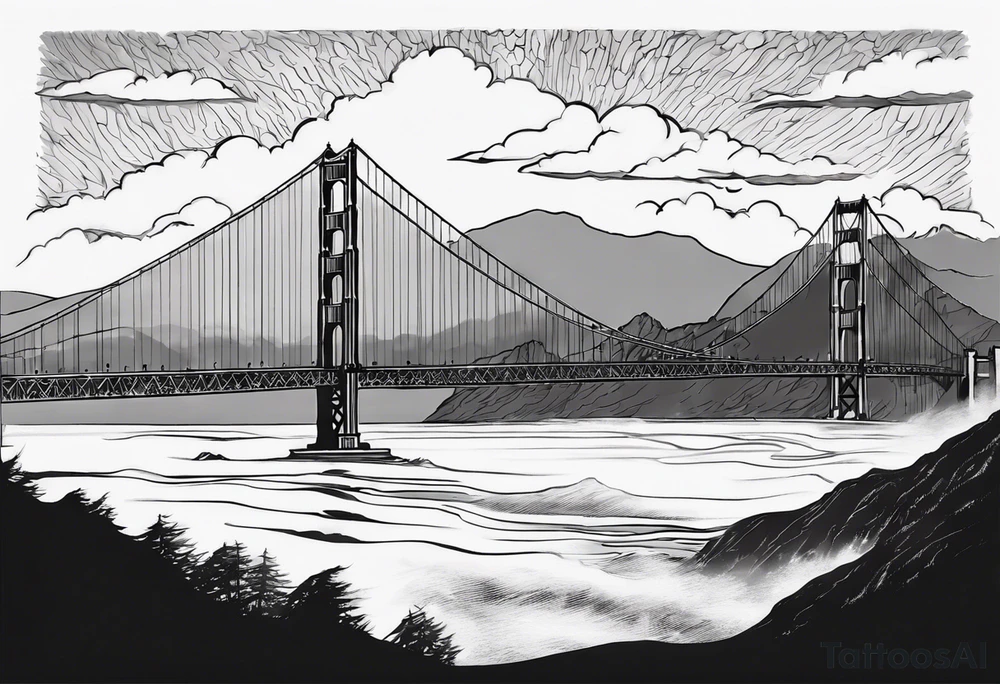 Golden Gate Bridge with fog rolling in with Marin hills in the background tattoo idea