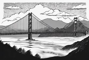 Golden Gate Bridge with fog rolling in with Marin hills in the background tattoo idea