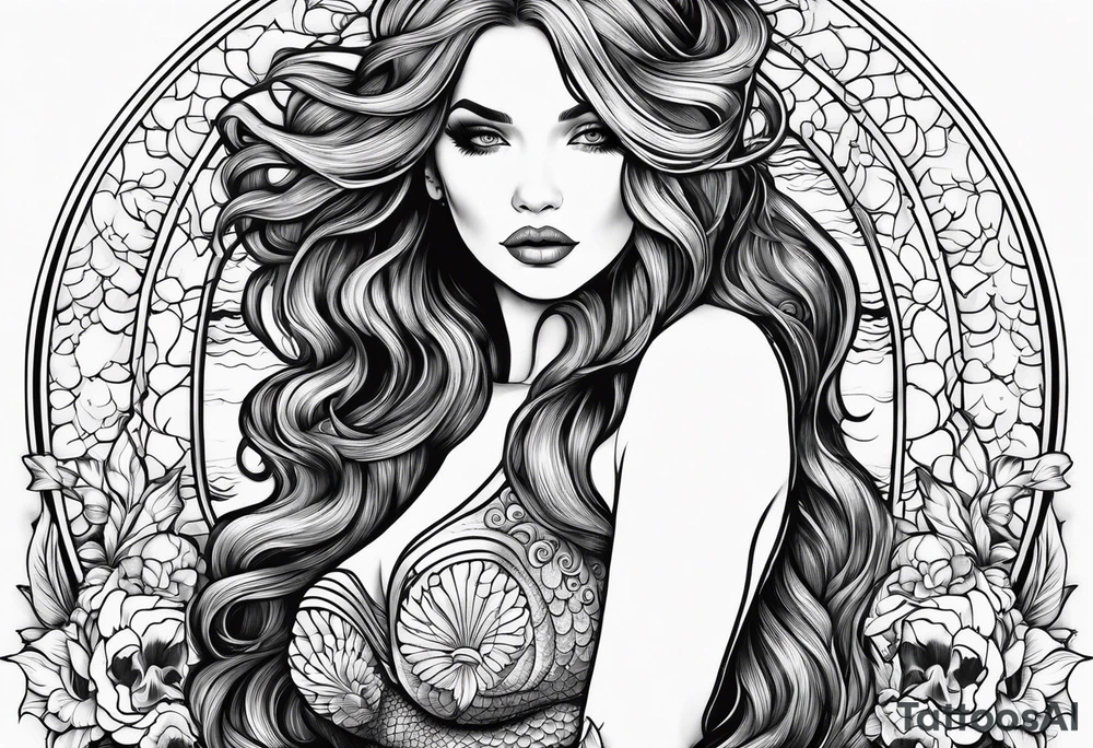 mermaid in line art american tattoo vintage style full body tattoo idea