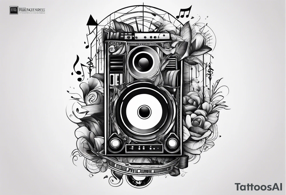 geometric tattoo with music notes, a cassette tape, and abstract instruments tattoo idea