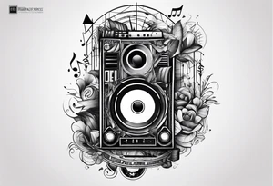 geometric tattoo with music notes, a cassette tape, and abstract instruments tattoo idea