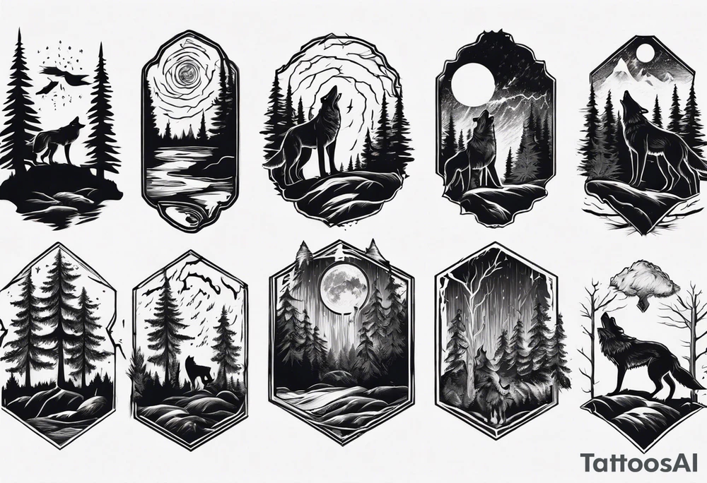 lightning over forest with wolf howling tattoo idea