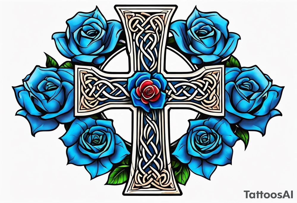 Celtic cross impaled by a blue rose tattoo idea