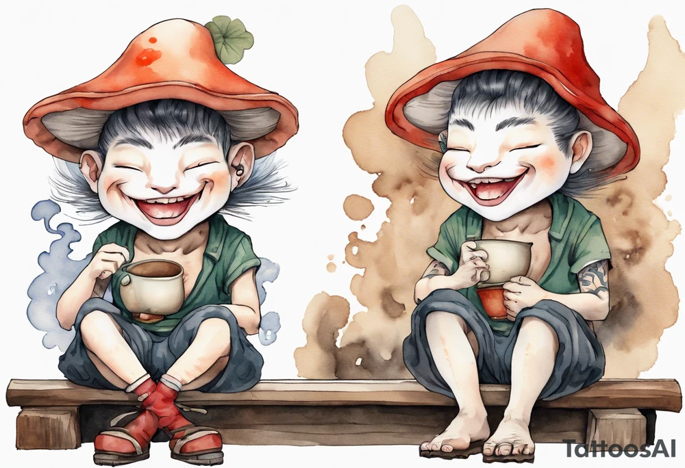 gwyllion
wearing a mushroom hat sitting on a bench by a fireplace drinking from a wood cup, laughing tattoo idea