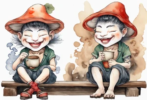 gwyllion
wearing a mushroom hat sitting on a bench by a fireplace drinking from a wood cup, laughing tattoo idea