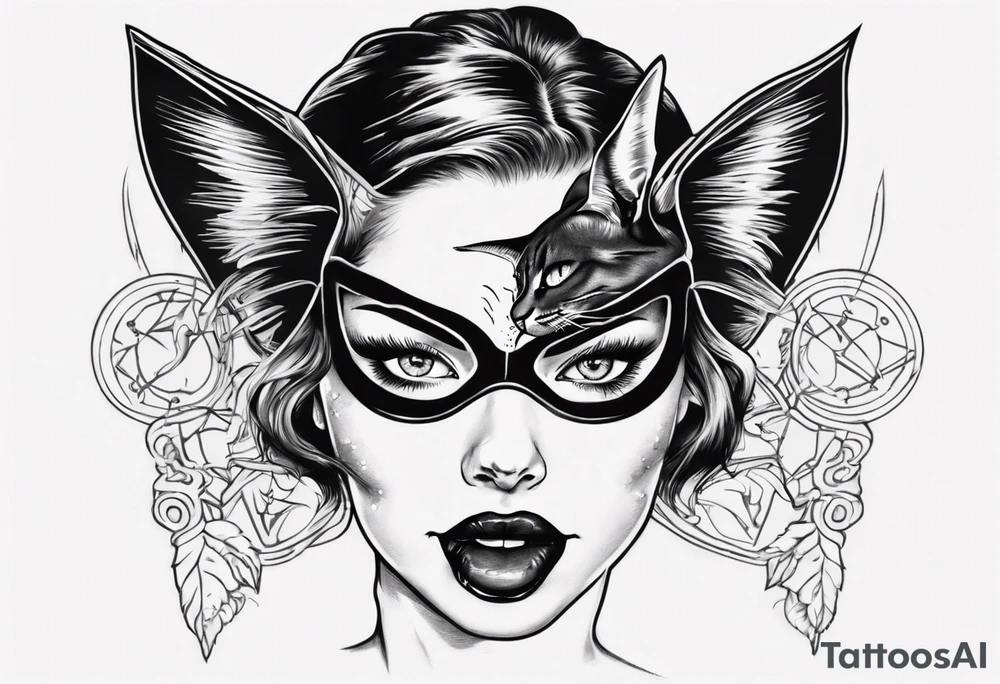 the face of a girl in a black cat mask who licks the plane with her tongue tattoo idea