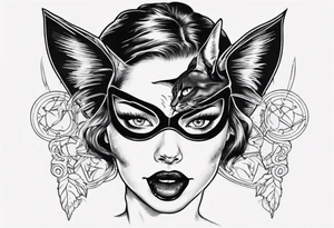 the face of a girl in a black cat mask who licks the plane with her tongue tattoo idea