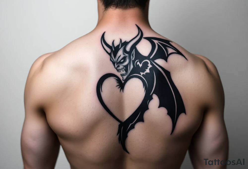 Man having heart broken buy demon women dark evil tattoo idea