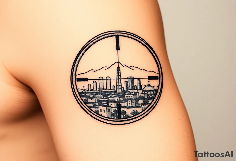 scope crosshairs with eerie Los Angeles city horizon in background tattoo idea